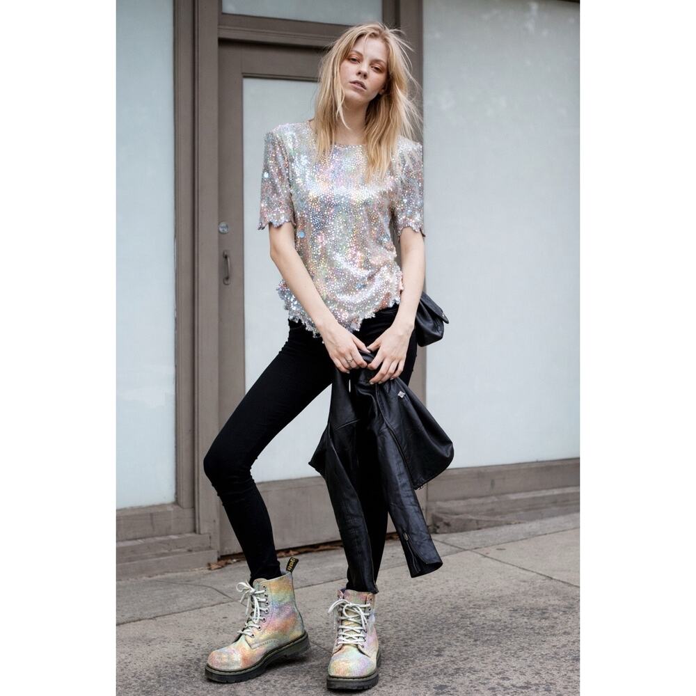 Dr. Martens Pascal Iridescent 1460 Boots | Y2K Silver Combat | Alt Street Style